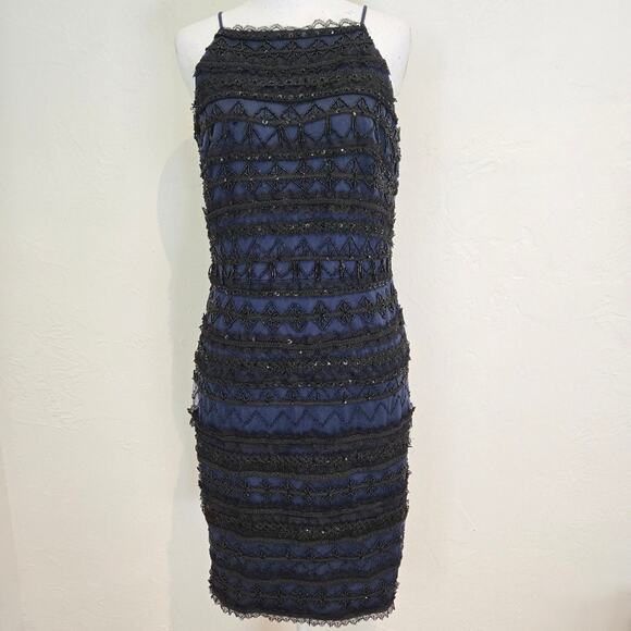 Aidan Mattox Black Twilight Geometric Beaded Illusion Sheath Halter Dress, Sz 6 - Picture 2 of 8